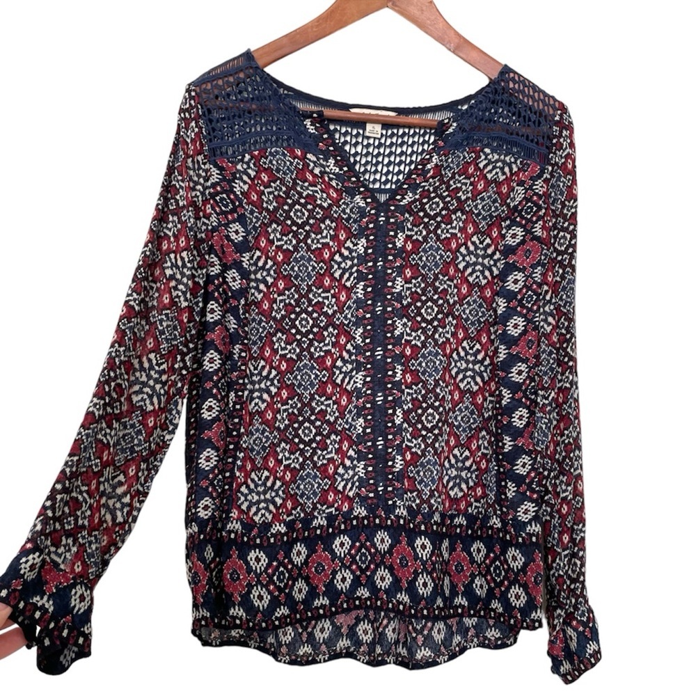 Lucky Brand Boho Crochet Peasant Flowy Long Sleeve Blouse Small Lightweight